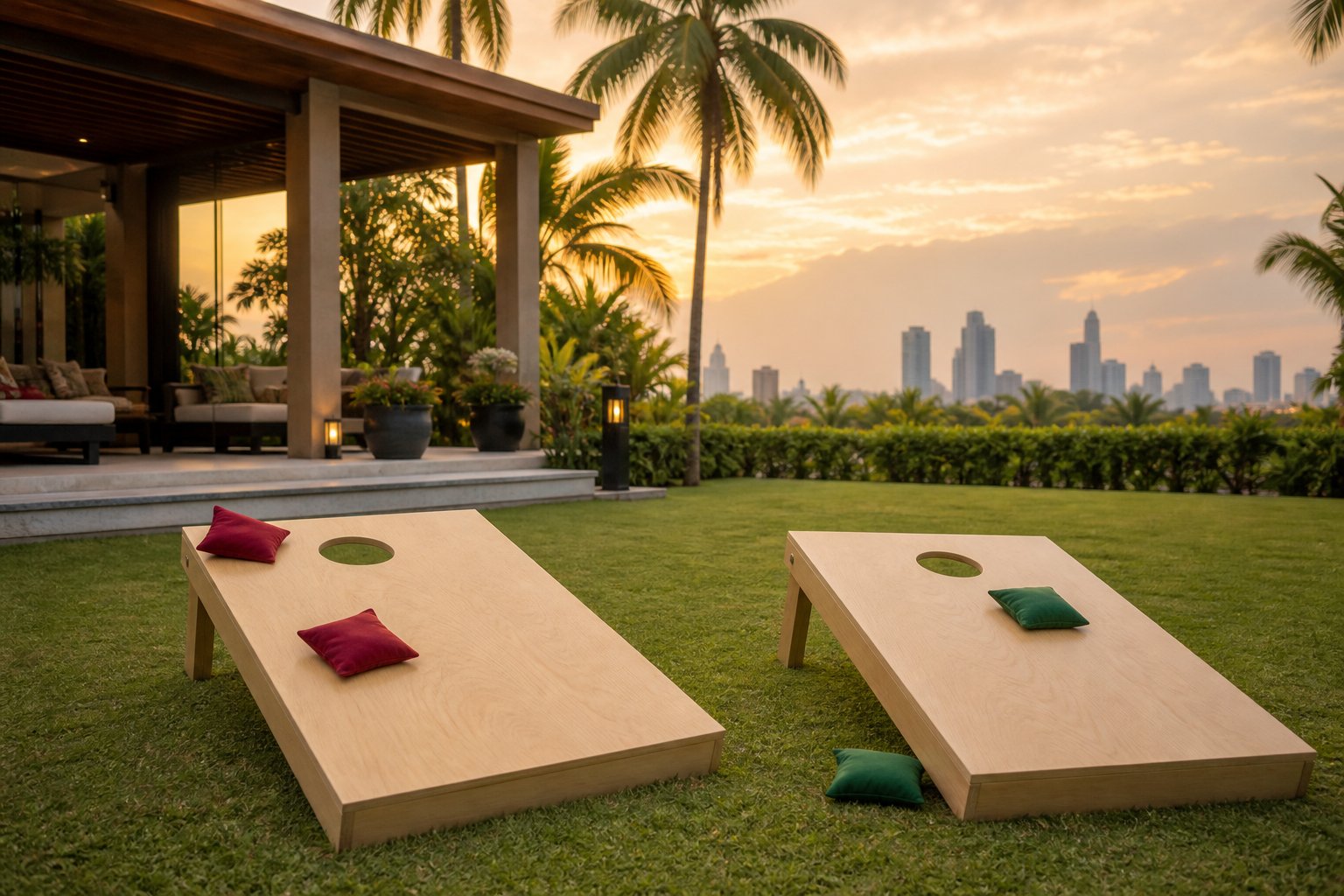Custom cornhole boards on a Bangkok lawn